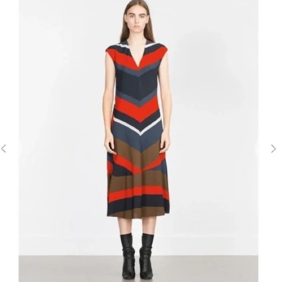 Zara Basic Mod Striped Midi Dress V-Neck Red Navy Fit Flare Long Size Medium - Picture 2 of 8